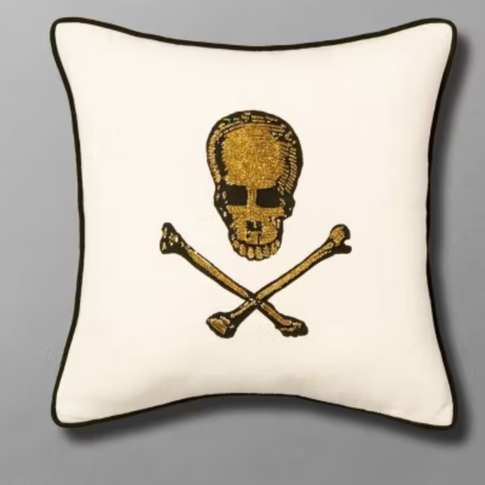 JOHN DERIAN NWT beaded skull & crossbones square throw pillow -12”